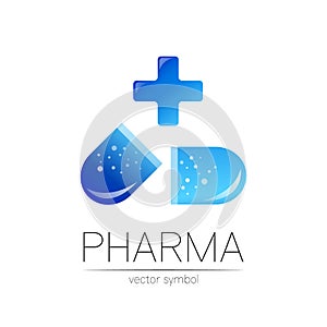 Pharmacy vector symbol with blue cross for pharmacist, pharma store, doctor and medicine. Modern design vector logo on