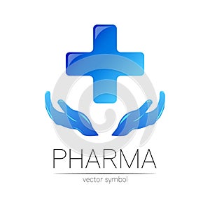 Pharmacy vector symbol with blue cross for pharmacist, pharma store, doctor and medicine. Modern design vector logo on