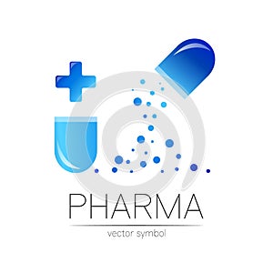 Pharmacy vector symbol with blue cross for pharmacist, pharma store, doctor and medicine. Modern design vector logo on