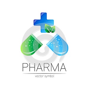 Pharmacy vector symbol with blue cross for pharmacist, pharma store, doctor and medicine. Modern design vector logo on