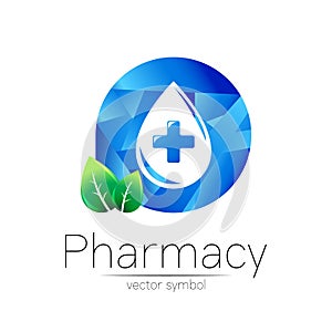 Pharmacy vector symbol of blue drop with cross in circle and leaf for pharmacist, pharma store, doctor and medicine