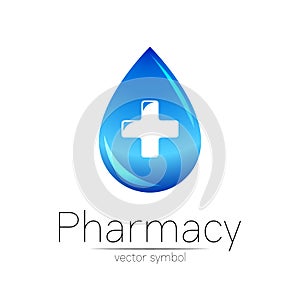 Pharmacy vector symbol of blue drop with cross for pharmacist, pharma store, doctor and medicine. Modern design vector
