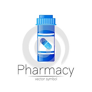 Pharmacy vector symbol with blue pill bottle and capsule tablet for pharmacist, pharma store, doctor and medicine