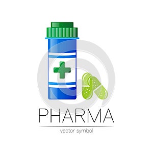 Pharmacy vector symbol with blue pill bottle and green capsule, cross for pharmacist, pharma store, doctor and medicine