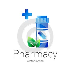 Pharmacy vector symbol with blue pill bottle and green leaf, cross for pharmacist, pharma store, doctor and medicine