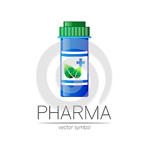 Pharmacy vector symbol with blue pill bottle and green leaf, cross for pharmacist, pharma store, doctor and medicine