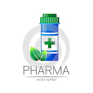 Pharmacy vector symbol with blue pill bottle and green leaf for pharmacist, pharma store, doctor and medicine. Modern