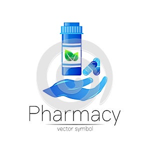 Pharmacy vector symbol with blue pill bottle in hand and tablet for pharmacist, pharma store, doctor and medicine