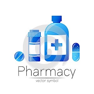 Pharmacy vector symbol with 2 blue pill bottle and tablet for pharmacist, pharma store, doctor and medicine. Modern