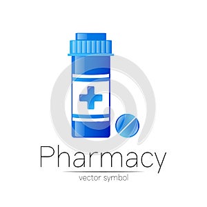 Pharmacy vector symbol with blue pill bottle and tablet for pharmacist, pharma store, doctor and medicine. Modern design