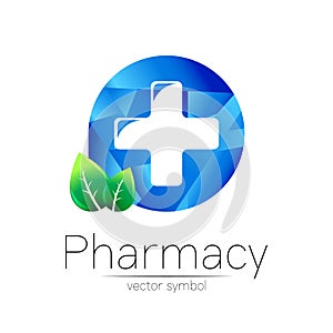 Pharmacy vector symbol of cross in blue circle with green leaf for pharmacist, pharma store, doctor and medicine. Modern
