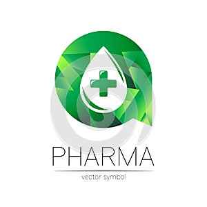 Pharmacy vector symbol of drop with cross in green circle for pharmacist, pharma store, doctor and medicine. Modern