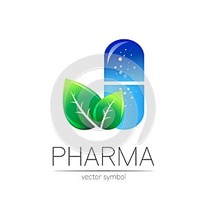 Pharmacy vector symbol with green leaf for pharmacist, pharma store, doctor and medicine. Modern design vector logo on