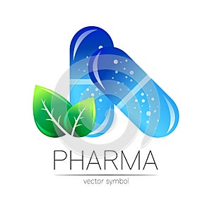 Pharmacy vector symbol with green leaf for pharmacist, pharma store, doctor and medicine. Modern design vector logo on