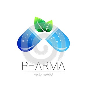 Pharmacy vector symbol with green leaf for pharmacist, pharma store, doctor and medicine. Modern design vector logo on