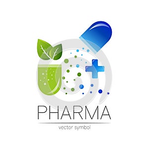 Pharmacy vector symbol with green leaf for pharmacist, pharma store, doctor and medicine. Modern design vector logo on