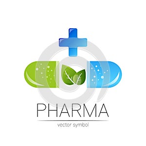 Pharmacy vector symbol with green leaf for pharmacist, pharma store, doctor and medicine. Modern design vector logo on