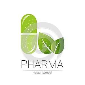 Pharmacy vector symbol with green leaf for pharmacist, pharma store, doctor and medicine. Modern design vector logo on