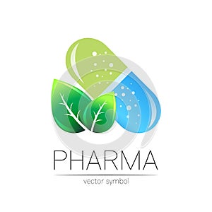 Pharmacy vector symbol with green leaf for pharmacist, pharma store, doctor and medicine. Modern design vector logo on