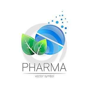 Pharmacy vector symbol with green leaf for pharmacist, pharma store, doctor and medicine. Modern design vector logo on