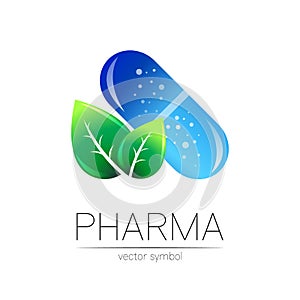 Pharmacy vector symbol with green leaf for pharmacist, pharma store, doctor and medicine. Modern design vector logo on