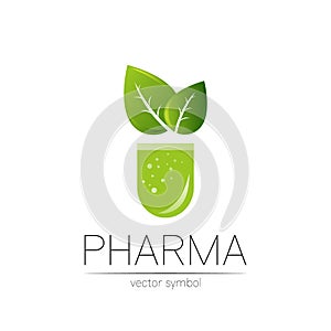 Pharmacy vector symbol with green leaf for pharmacist, pharma store, doctor and medicine. Modern design vector logo on