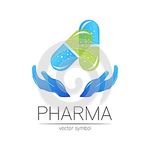 Pharmacy vector symbol with hands for pharmacist, pharma store, doctor and medicine. Modern design vector logo on white