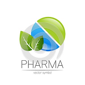 Pharmacy vector symbol with leaf for pharmacist, pharma store, doctor and medicine. Modern design vector logo on white