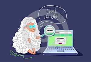 Pharming and phishing concept. The sheep with the laptop and magnifying glass, teaching to check the URL avoid cyber attack.