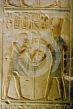 Pharoah Seti presenting lotus flowers to god Horus photo