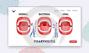 Pharyngitis Landing Page Template. Doctors Characters with Thermometer and Spray for Throat Presenting Normal, Bacterial