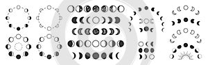 Phases of moon, boho moon illustration. Lunar phases, cycles vector clipart. New, Full Moon, Waning Crescent, First and