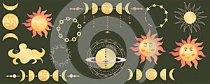 Phases of the moon,heavenly sun in set on dark background. Mystical sacred astrology with stars, cloud. Golden figures