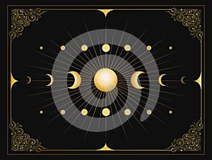 Phases of Moon Medieval Esoteric Emblem on Black Background
