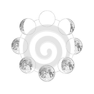 Phases of the moon, monochrome hand drawn vector illustration