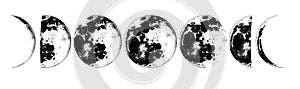 The Phases Of The Moon in the solar system. Astrology or astronomical galaxy space. Orbit or circle. engraved hand drawn