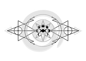 Phases of the moon and triple moon. Mystical drawing, energy circles, magic triangles. Sacred geometry. Alchemy, wicca, esoteric