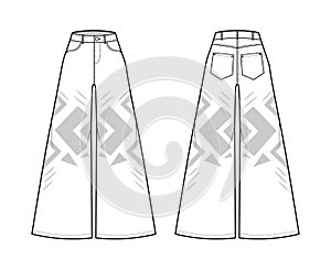 Phat Pants Denim Jeans technical fashion illustration with full length, normal waist, high rise, 5 pockets, Rivets