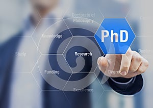 PhD student pushing button about Doctorate of Philosophy concept photo