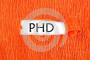 PHD the text under the torn paper is orange on a white background