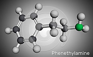 Phenethylamine, PEA molecule. It is monoamine alkaloid, central nervous system stimulant in humans. Molecular model. 3D rendering