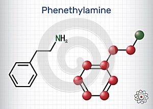 Phenethylamine, PEA molecule. It is monoamine alkaloid, central nervous system stimulant in humans. Structural chemical formula,