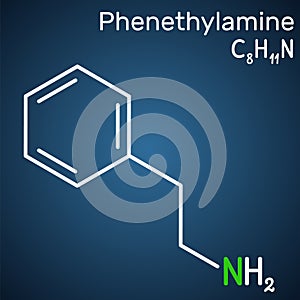 Phenethylamine, PEA molecule. It is monoamine alkaloid, central nervous system stimulant in humans. Structural chemical formula on