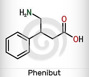 Phenibut molecule. It is central nervous system depressant with anxiolytic and sedative effects. Skeletal chemical
