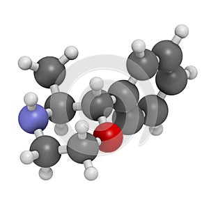 Phenmetrazine stimulant drug molecule (amphetamine class). Used as stimulant and appetite suppressant.  Atoms are represented as