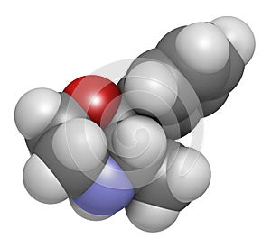 Phenmetrazine stimulant drug molecule (amphetamine class). Used as stimulant and appetite suppressant.  Atoms are represented as