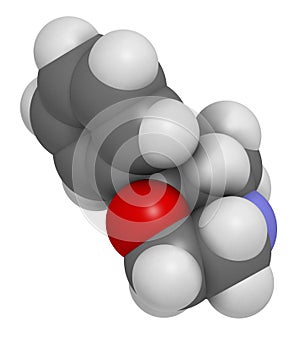 Phenmetrazine stimulant drug molecule (amphetamine class). Used as stimulant and appetite suppressant.  Atoms are represented as