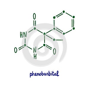 Phenobarbital hand drawn vector formula chemical structure lettering blue green photo