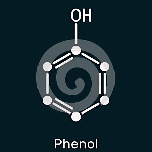 Phenol, carbolic acid molecule. Skeletal chemical formula on the dark blue background