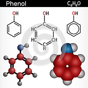 Phenol, carbolic acid molecule. Structural chemical formula, molecule model.